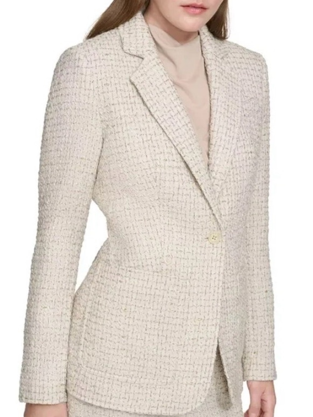 Calvin Klein Cream w/Gold Patch Pocket Tweed Women's Blazer Jacket Size 12P NWT